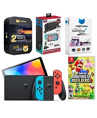 Nintendo Switch Neon Red & Blue Oled Console with New Super Mario Bros. U Deluxe, Surge Accessory Gaming Kit, MightySkins Console and Controller Skin