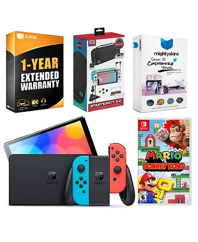 Nintendo Switch Neon Red & Blue Oled Console with Mario vs. Donkey Kong, Surge Accessory Gaming Kit, MightySkins Console and Controller Skin Voucher