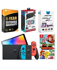 Nintendo Switch Neon Red & Blue Oled Console with Mario vs. Donkey Kong, Surge Accessory Gaming Kit, MightySkins Console and Controller Skin Voucher