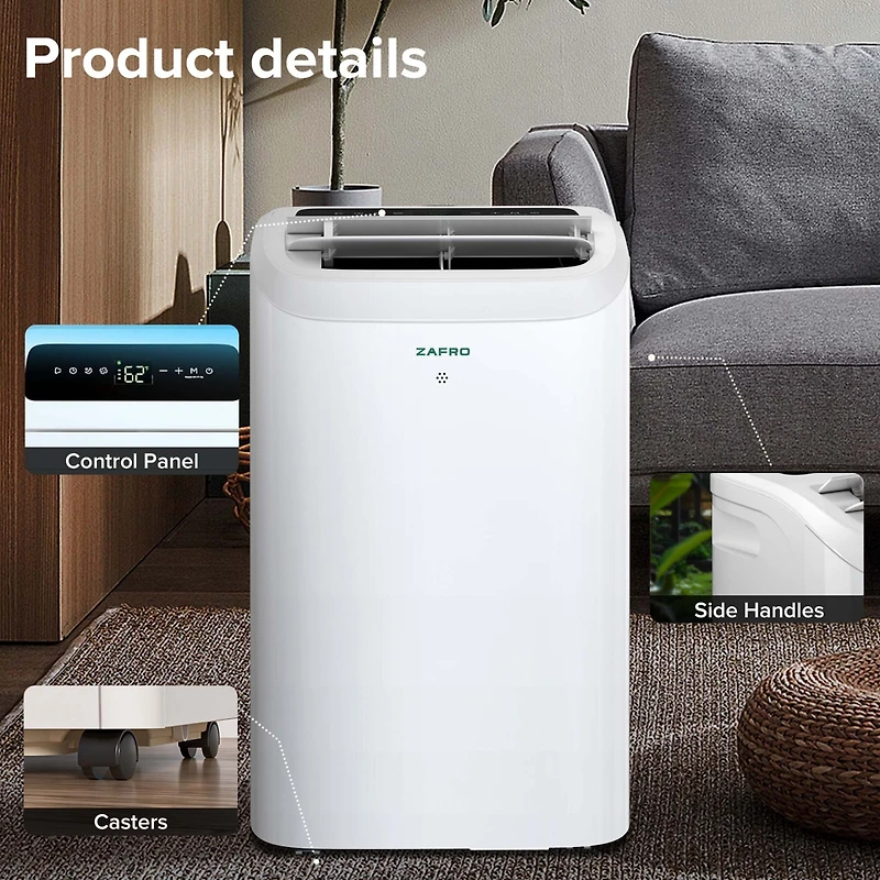 Zafro 12,000 Btu Portable Air Conditioner, Quiet 44dB, Fast Cooling, WiFi Control, Dehumidifier, Fan, 24H Timer, Easy Setup for Home/Office