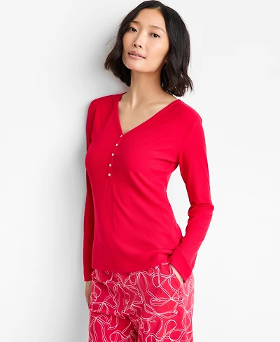 State of Day Women's Long-Sleeve Ribbed Henley Sleep Top Xs-3X, Created for Macy's