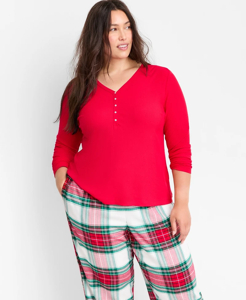 State of Day Women's Long-Sleeve Ribbed Henley Sleep Top Xs-3X, Created for Macy's