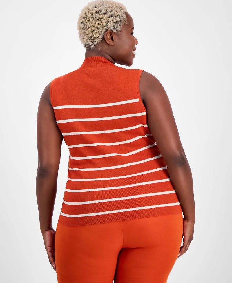 Tahari Asl Plus Striped Mock-Neck Sleeveless Sweater