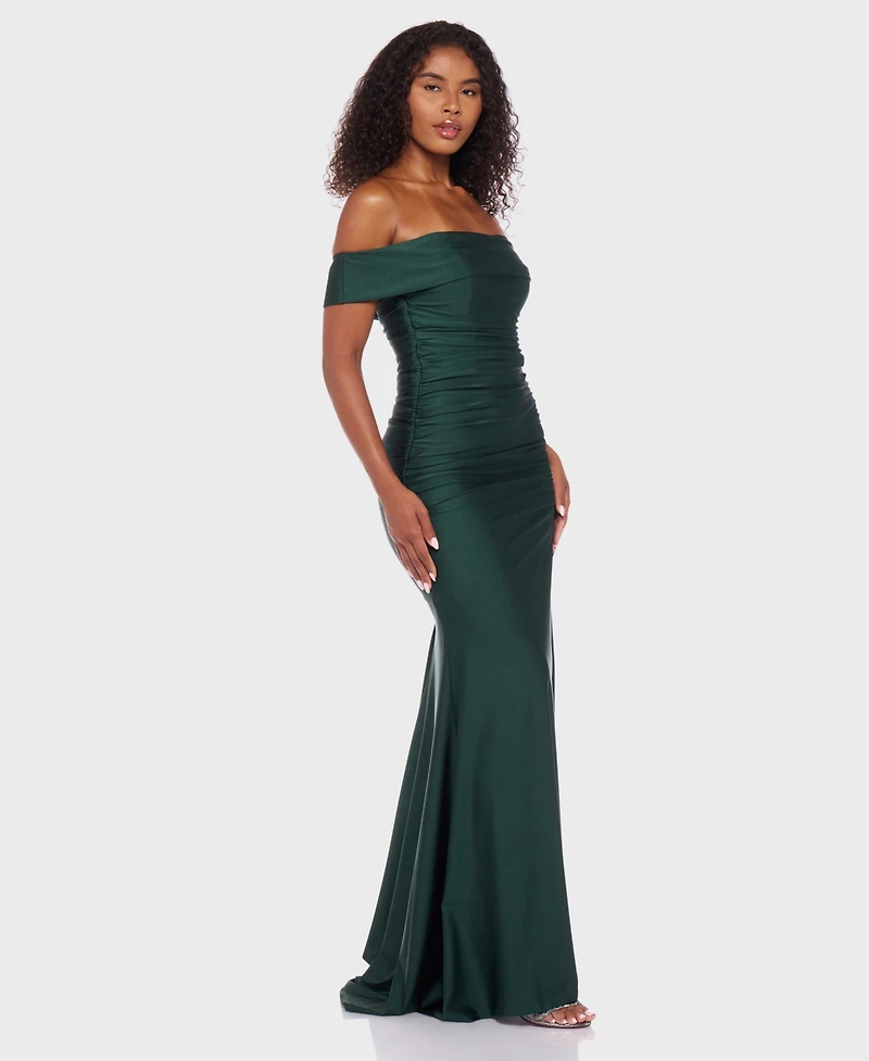 B Darlin Juniors' Shiny Stretch Off-The-Shoulder Maxi Dress