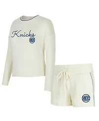 Concepts Sport Women's 2-Piece Cream New York Knicks Kaki Hacci Knit Long Sleeve T-Shirt and Shorts Set