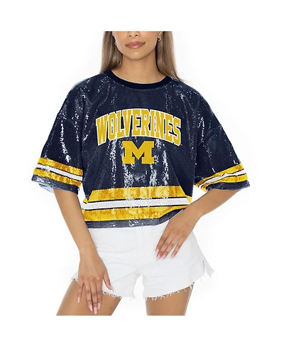 Gameday Couture Women's Navy Michigan Wolverines Sequin Striped Cropped Fashion Jersey T-Shirt