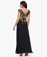 Betsy & Adam Petites Chiffon V-Neck Long A-Line Dress