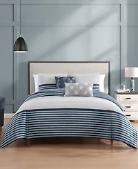 Bebejan Blue Geo Lines Bedding 100% Cotton Sateen 5 Piece King Size Reversible Comforter Set