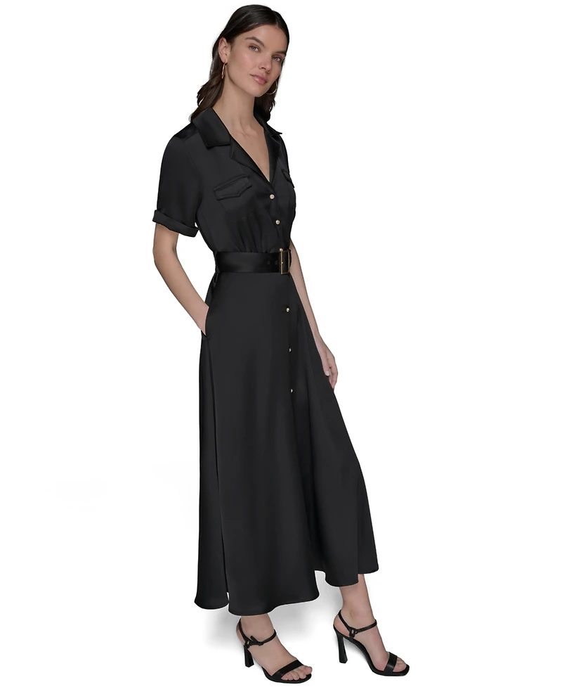 Karl Lagerfeld Paris Women's Belted Satin Shirtdress With Collared Neck
