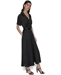 Karl Lagerfeld Paris Women's Belted Satin Shirtdress With Collared Neck