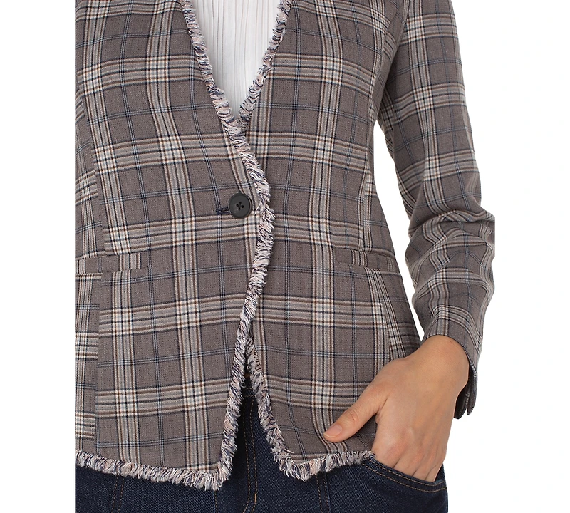 Liverpool Los Angeles Petite Frayed-Trim Plaid Blazer