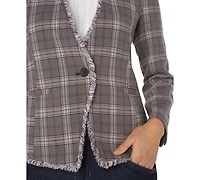 Liverpool Los Angeles Petite Frayed-Trim Plaid Blazer