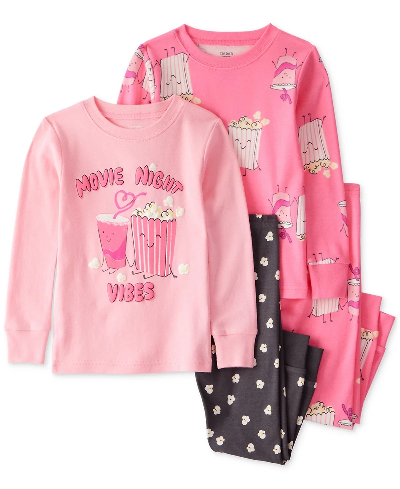 Carter's Toddler Girls Movie Night Snug-Fit Cotton Pajamas, 4 Piece Set