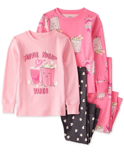 Carter's Toddler Girls Movie Night Snug-Fit Cotton Pajamas, 4 Piece Set