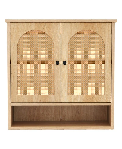Slickblue Bathroom Wall Cabinet with Adjustable Shelves Open Cube and Rattan Doors