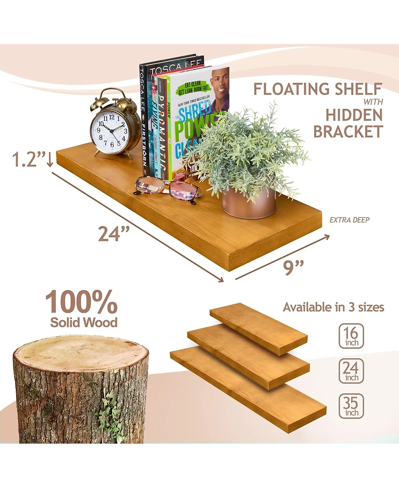 Sorbus 2 Pack 24" Solid Wood Floating Shelves - for Bathroom Decor, Books, Bedroom & Living Room