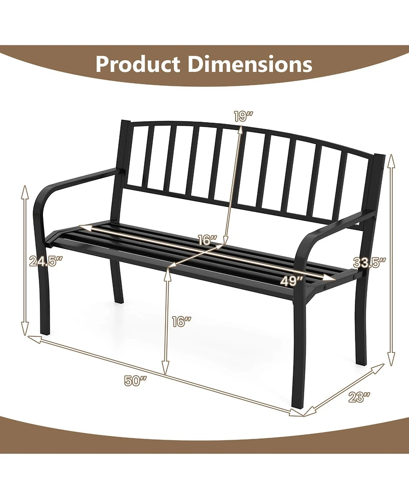 Gymax 50 Inches Garden Bench w/ Slatted Backrest & Curved Armrests for Porch