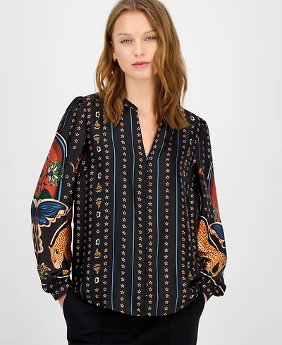 T Tahari Women's Printed Split-Neck Blouse