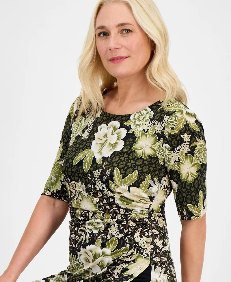 Connected Women's Elbow-Sleeve Side Shirring Midi Dress