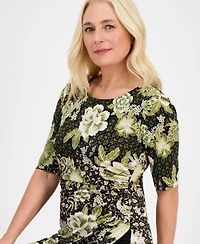 Connected Women's Elbow-Sleeve Side Shirring Midi Dress