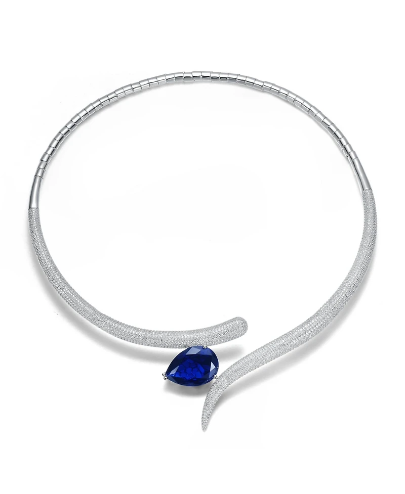 Rachel Glauber White Gold Plated with Blue Teardrop Cubic Zirconia & Clear Cz Accents Collar Necklace