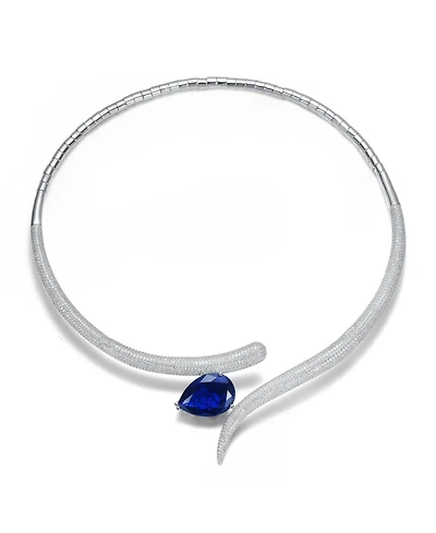 Rachel Glauber White Gold Plated with Blue Teardrop Cubic Zirconia & Clear Cz Accents Collar Necklace