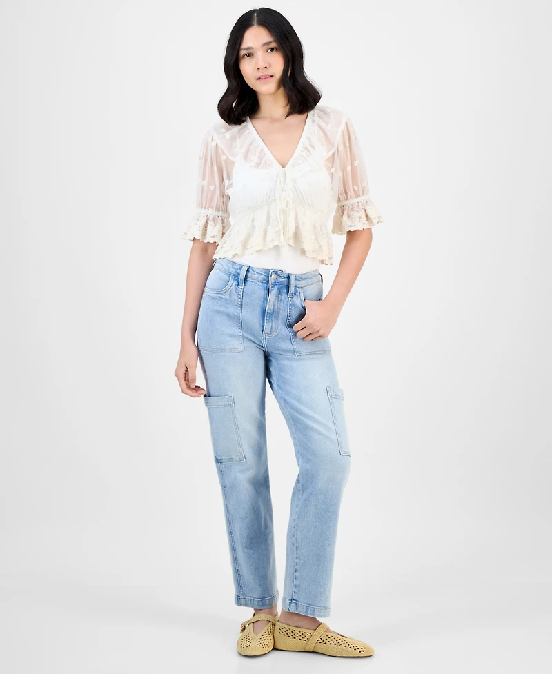 And Now This Women's V-Neck Ruffle-Trim Mesh Top, Exclusively at Macy's