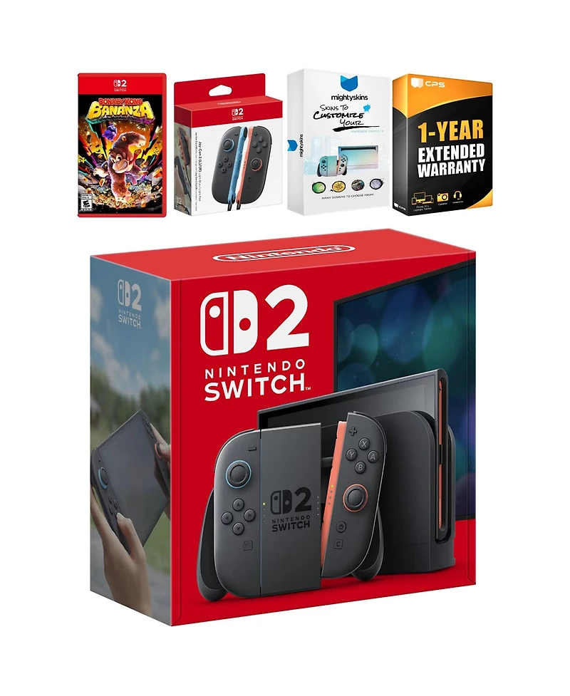 Nintendo Switch 2 Console with Donkey Kong Bonanza, Extra Joy-Cons, MightySkins Code and 1 Cps Year Extended Warranty