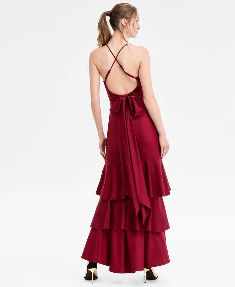 Katia Rae Juniors' V-Neck Ruffled Tie-Back Gown
