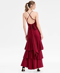 Katia Rae Juniors' V-Neck Ruffled Tie-Back Gown