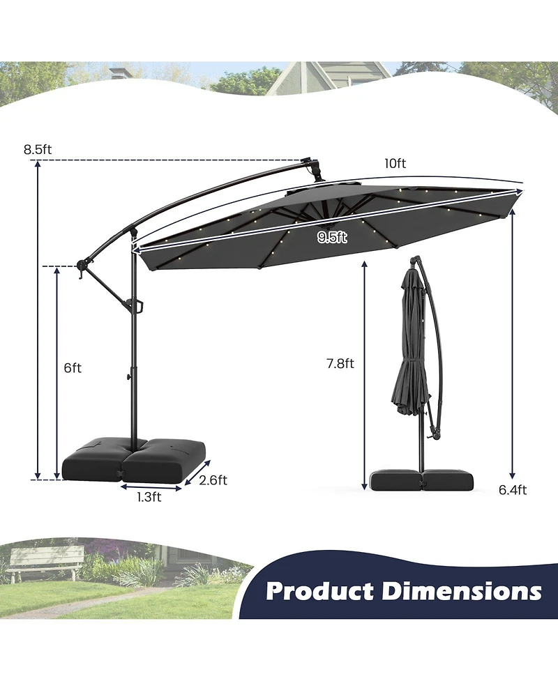 Gymax 10 Ft Solar Offset Hanging Umbrella Patio Cantilever w/ 32 Led Lights