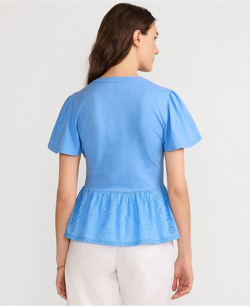 Lands' End Women's Short Sleeve Mixed Media Eyelet Top
