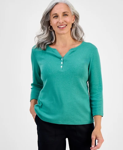 Style & Co Petite Cotton Knit Henley 3/4-Sleeve Top, Created for Macy's