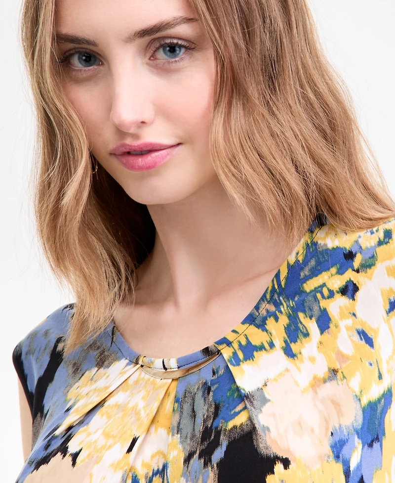 Kasper Women's Printed Pleated-Neck Cap-Sleeve Top