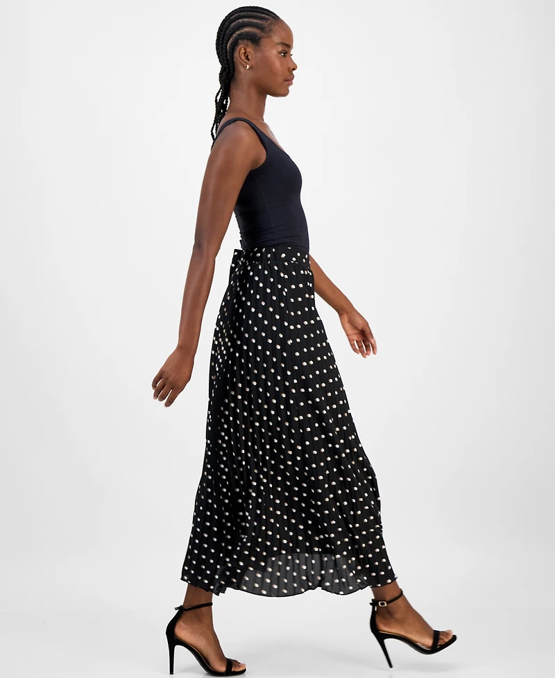 T Tahari Women's Dot-Print Pleated Flared Maxi Skirt