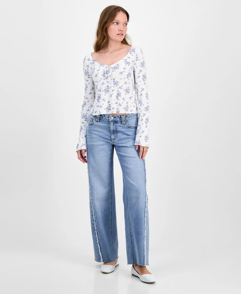 Tinseltown Juniors' Mid-Rise Lace-Seamed Baggy Jeans