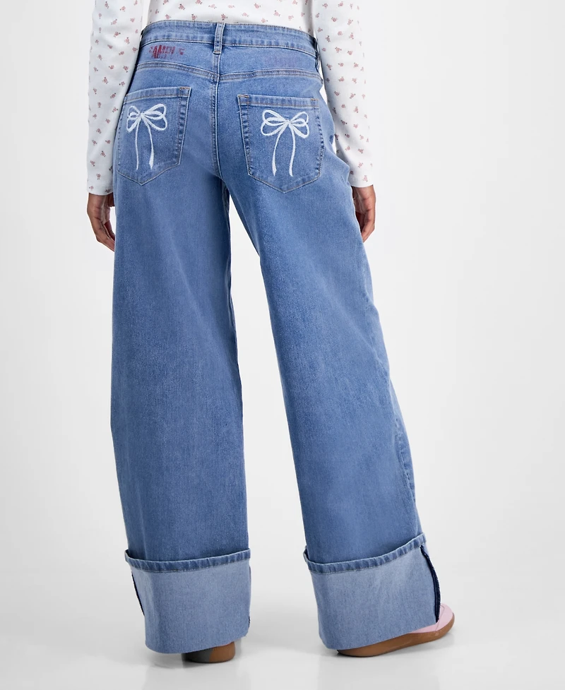 Madden Girl Juniors' High-Rise Cuffed Bow-Embroidery Jeans