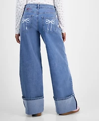 Madden Girl Juniors' High-Rise Cuffed Bow-Embroidery Jeans