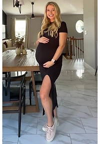 Pinkblush Black Mock Neck Front Slit Short Sleeve Maternity Maxi Dress
