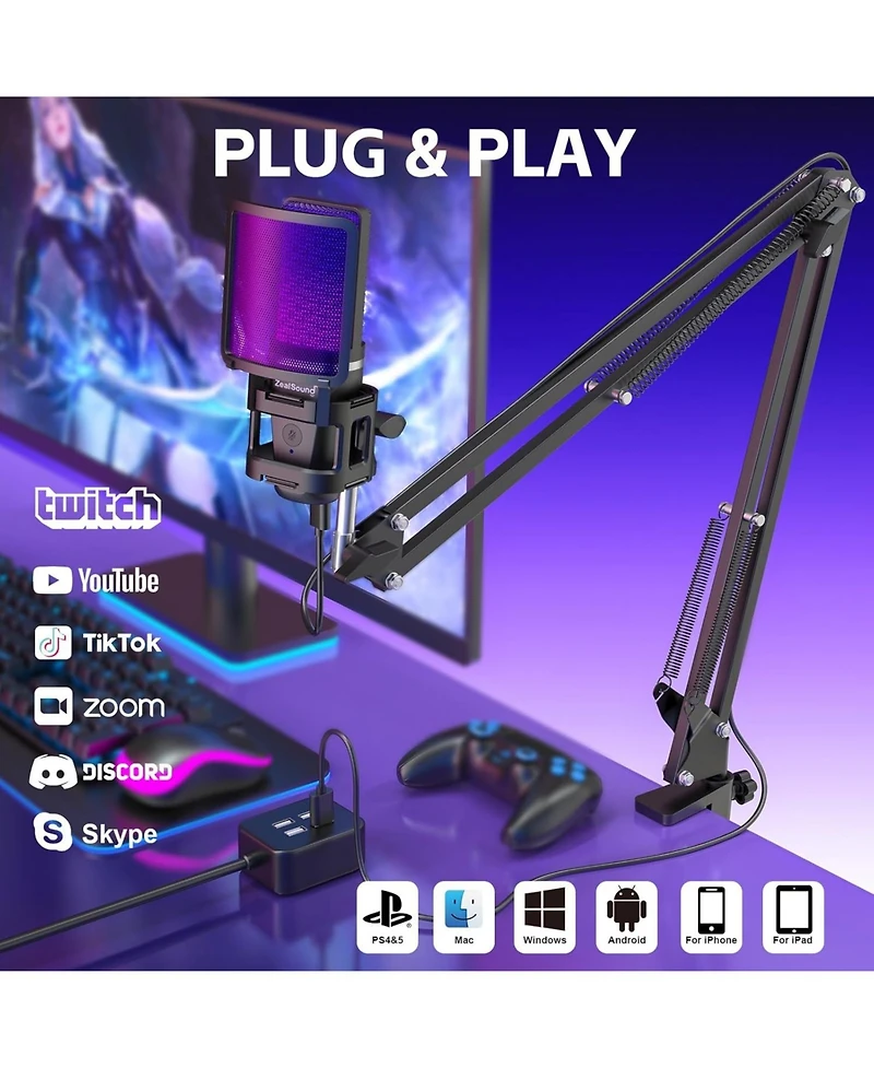ZealSound Gaming Usb Microphone, Noise-Canceling Condenser Mic with Rgb, Mute, Gain, Monitoring, Boom Arm, Pop Filter for Pc, PS4, PS5, Twitch