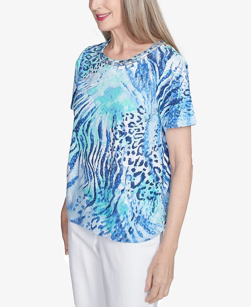 Alfred Dunner Petite Animal Printed Top with Ruched Sides