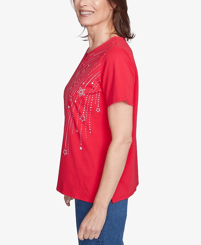 Alfred Dunner Petite Dazzling Shooting Stars with Beaded Split Neck Top
