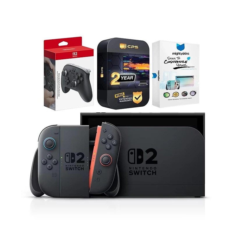 Nintendo Switch 2 Mario Kart World Bundle with Pro Controller, MightySkins Code and 2 Cps Year Extended Warranty