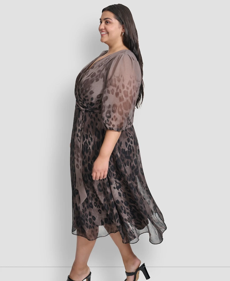 Dkny Plus Ombre Printed Balloon-Sleeve Faux-Wrap Dress