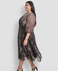 Dkny Plus Ombre Printed Balloon-Sleeve Faux-Wrap Dress