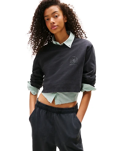Tommy Jeans Women's Cotton Notch-Collar Relaxed Crop Crest T-Shirt