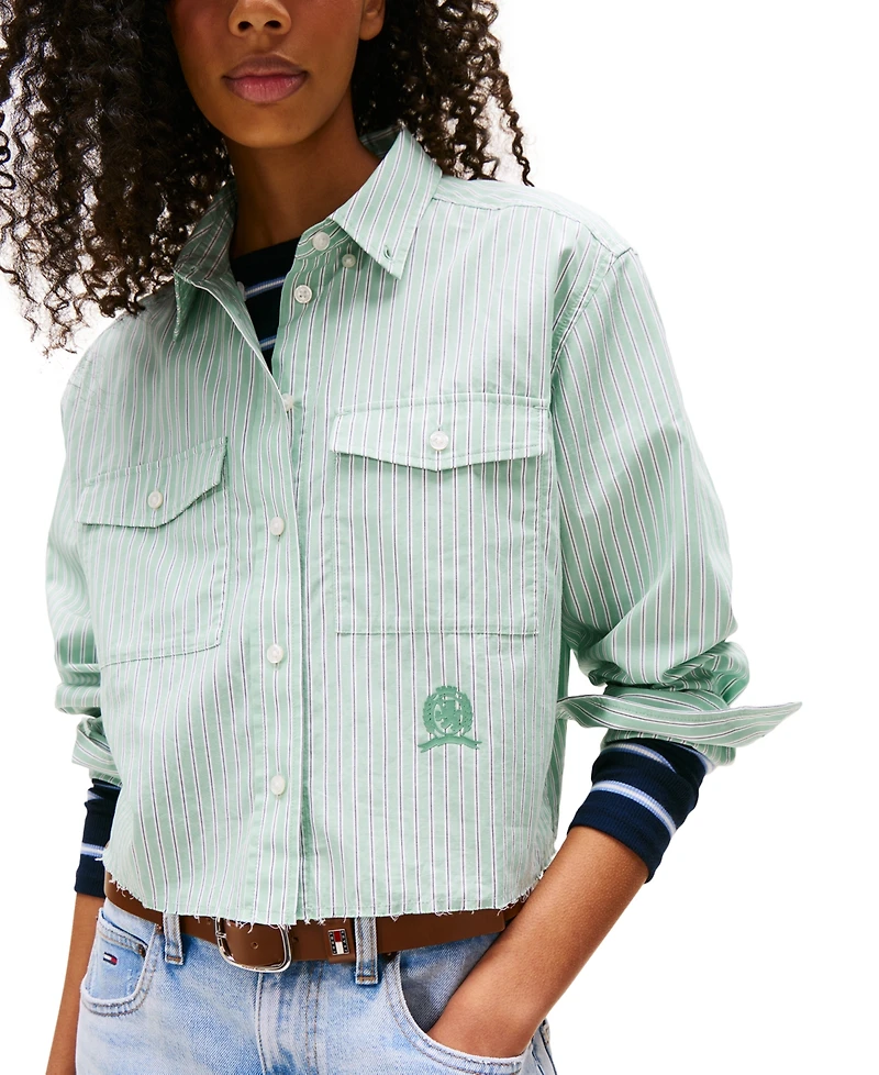 Tommy Jeans Women's Cotton Crop Button-Front Crest Shirt