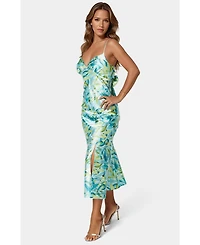 Bebe Women's Printed Satin Flounce Maxi Dress