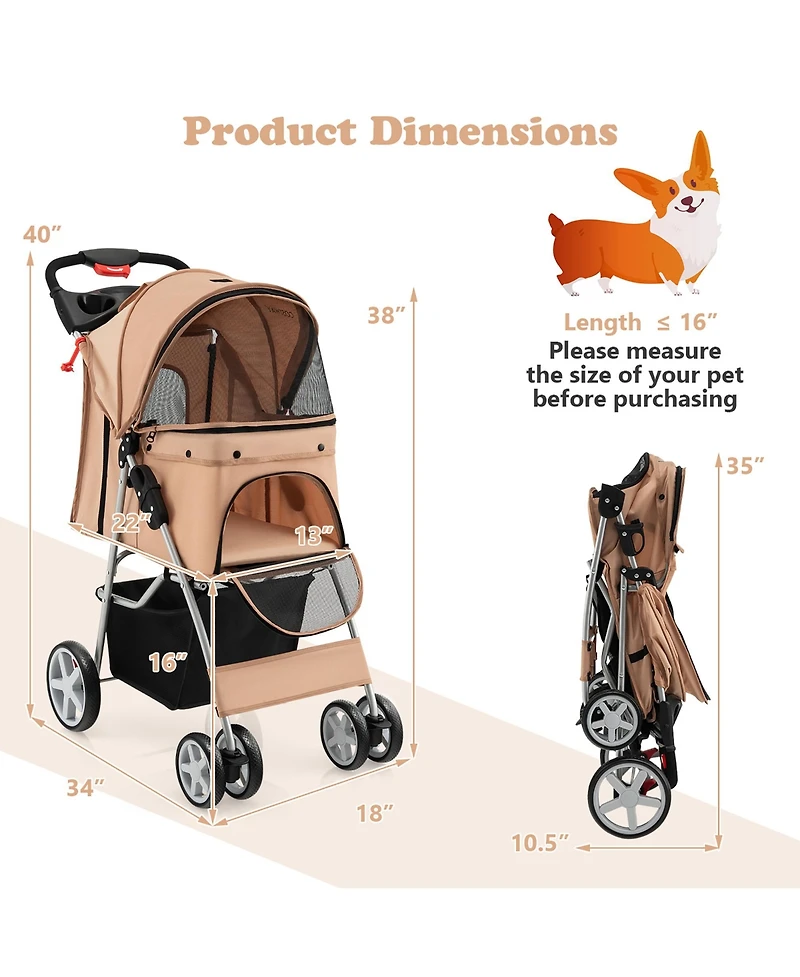 Gymax Folding Pet Stroller 4-Wheel Pet Travel Carrier w/Storage Basket