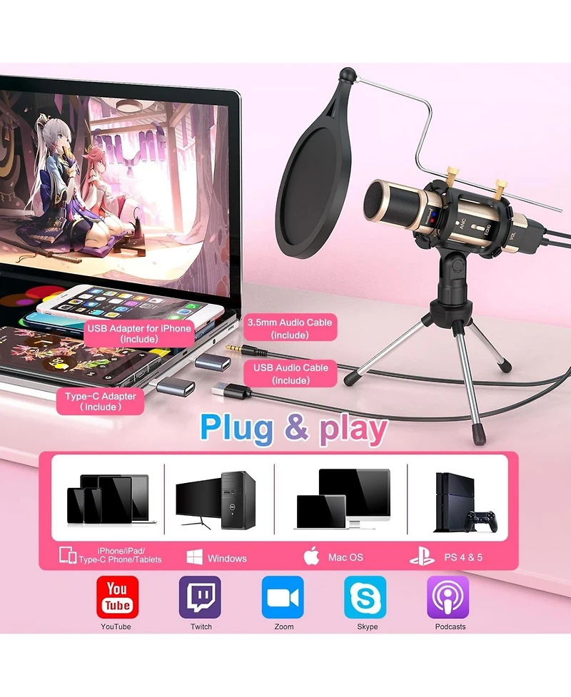 ZealSound Studio Condenser Microphone with Stand, Built-in Sound Card, Echo Recording for Phone, Pc, YouTube, Karaoke, Live Stream (Gold)